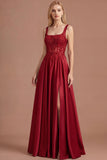 Sparkly Burgundy A Line Satin Long Prom Dress with Slit