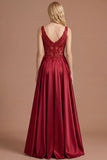 Sparkly Burgundy A Line Satin Long Prom Dress with Slit