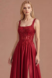 Sparkly Burgundy A Line Satin Long Prom Dress with Slit