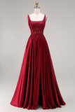 Sparkly Burgundy A Line Satin Long Prom Dress with Slit