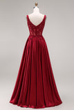 Sparkly Burgundy A Line Satin Long Prom Dress with Slit