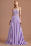 Lilac Appliqued Corset A Line Floral Long Prom Dress