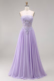 Lilac Appliqued Corset A Line Floral Long Prom Dress