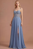 Steel Blue Floral A Line Spaghetti Straps Corset Long Prom Dress with Slit