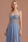 Steel Blue Floral A Line Spaghetti Straps Corset Long Prom Dress with Slit