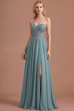 Eucalyptus A Line Floral Appliqued Sweetheart Long Prom Dress with Slit