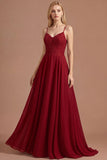 Burgundy Beaded Spaghetti Straps A Line Long Prom Dress