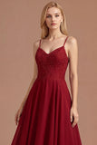 Burgundy Beaded Spaghetti Straps A Line Long Prom Dress