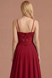 Burgundy Beaded Spaghetti Straps A Line Long Prom Dress