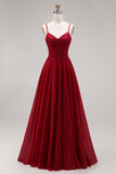 Burgundy Beaded Spaghetti Straps A Line Long Prom Dress