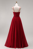 Burgundy Beaded Spaghetti Straps A Line Long Prom Dress