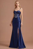 Spaghetti Straps Navy Corset Satin Mermaid Long Prom Dress with Slit