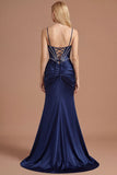 Spaghetti Straps Navy Corset Satin Mermaid Long Prom Dress with Slit