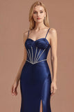 Spaghetti Straps Navy Corset Satin Mermaid Long Prom Dress with Slit