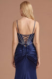 Spaghetti Straps Navy Corset Satin Mermaid Long Prom Dress with Slit