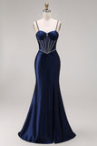 Spaghetti Straps Navy Corset Satin Mermaid Long Prom Dress with Slit