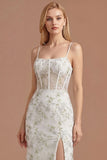 Spaghetti Straps White Green Floral Corset Mermaid Long Prom Dress with Slit