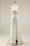 Spaghetti Straps White Green Floral Corset Mermaid Long Prom Dress with Slit