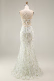 Spaghetti Straps White Green Floral Corset Mermaid Long Prom Dress with Slit