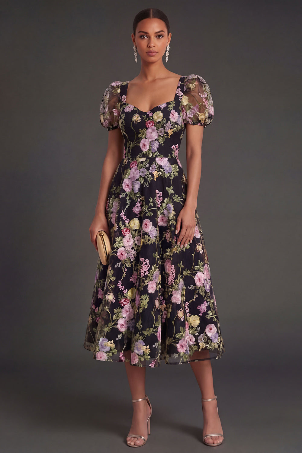 Leely Women Black Pink Floral A Line Sweetheart Midi Beach Wedding