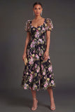 Black Pink Floral A Line Sweetheart Puff Sleeves Midi Beach Wedding Guest Dress