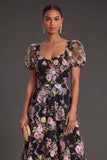 Black Pink Floral A Line Sweetheart Puff Sleeves Midi Beach Wedding Guest Dress