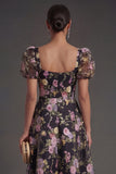 Black Pink Floral A Line Sweetheart Puff Sleeves Midi Beach Wedding Guest Dress