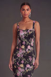 Black Pink Floral Sheath Thick Straps Midi Beach Wedding Guest Dress