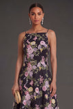 A Line Black Pink Floral Spaghetti Straps Midi Beach Wedding Guest Dress