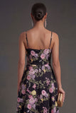 A Line Black Pink Floral Spaghetti Straps Midi Beach Wedding Guest Dress
