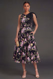 A Line Black Pink Floral Round Neck Midi Beach Wedding Guest Dress with Bow