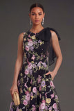 A Line Black Pink Floral Round Neck Midi Beach Wedding Guest Dress with Bow