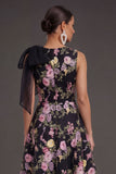A Line Black Pink Floral Round Neck Midi Beach Wedding Guest Dress with Bow