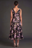 V Neck A Line Black Pink Floral Midi Beach Wedding Guest Dress