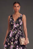 V Neck A Line Black Pink Floral Midi Beach Wedding Guest Dress