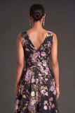 V Neck A Line Black Pink Floral Midi Beach Wedding Guest Dress