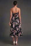 A Line Black Pink Strapless Floral Midi Beach Wedding Guest Dress