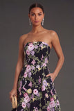 A Line Black Pink Strapless Floral Midi Beach Wedding Guest Dress