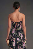 A Line Black Pink Strapless Floral Midi Beach Wedding Guest Dress