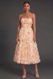 Champagne Floral A Line Appliqued Strapless Midi Beach Wedding Guest Dress