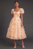 Champagne Floral A Line Appliqued Puff Sleeves Midi Beach Wedding Guest Dress