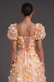 Champagne Floral A Line Appliqued Puff Sleeves Midi Beach Wedding Guest Dress
