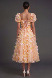 Champagne Floral A Line Appliqued Puff Sleeves Midi Beach Wedding Guest Dress