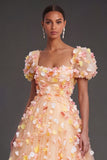 Champagne Floral A Line Appliqued Puff Sleeves Midi Beach Wedding Guest Dress