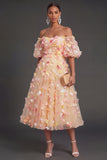 Off the Shoulder Champagne Floral A Line Puff Sleeves Midi Beach Wedding Guest Dress