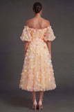 Off the Shoulder Champagne Floral A Line Puff Sleeves Midi Beach Wedding Guest Dress