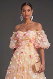 Off the Shoulder Champagne Floral A Line Puff Sleeves Midi Beach Wedding Guest Dress