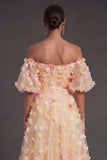 Off the Shoulder Champagne Floral A Line Puff Sleeves Midi Beach Wedding Guest Dress