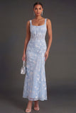 Leely Women Blue Floral Sheath Corset Ruched Midi Beach Wedding Guest Dress Thick Straps Appliqued Sleeveless Garden Party Dress