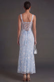 Blue Floral Sheath Thick Straps Corset Ruched Midi Beach Wedding Guest Dress